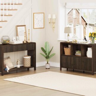 FATORRI Sofa Table with 2 Drawers and 6 Cube Bookshelf with 3 Doors (Dark Walnut)
