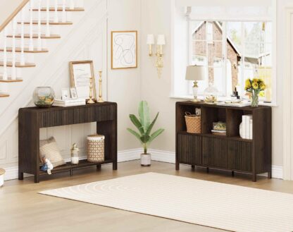 FATORRI Sofa Table with 2 Drawers and 6 Cube Bookshelf with 3 Doors (Dark Walnut)