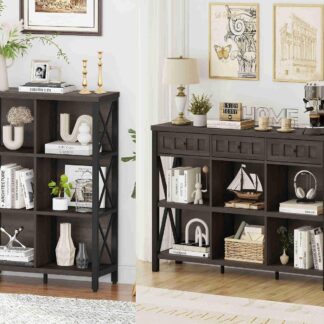FATORRI Industrial 6 Cube Bookcase with Drawers and Bookshelf (Walnut Brown)