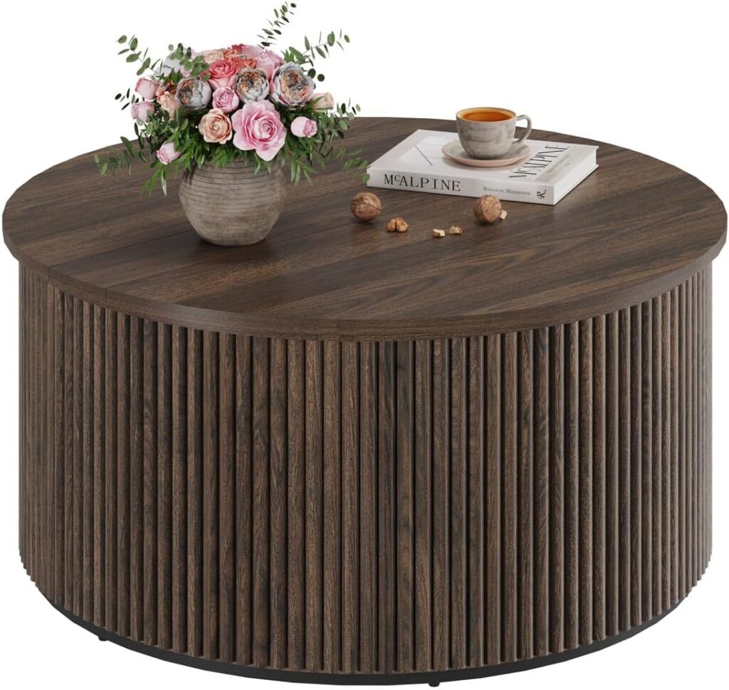 FATORRI Round Coffee Table, Fluted Wooden Center Table, Mid-Century Modern Coffee Tables for Small Space, Living Room, Bedroom (31.5 Inch, Dark Walnut)