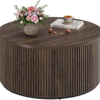 FATORRI Round Coffee Table, Fluted Wooden Center Table, Mid-Century Modern Coffee Tables for Small Space, Living Room, Bedroom (31.5 Inch, Dark Walnut)