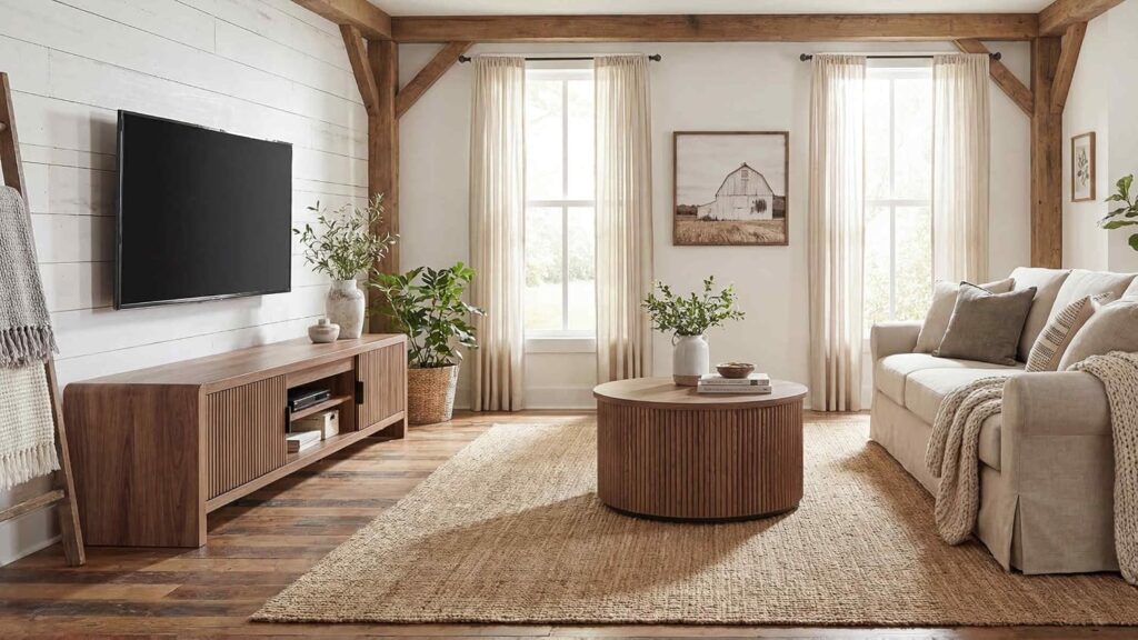 FATORRI TV Stand with Storage and Round Coffee Table for Living Room Bedroom (Walnut)
