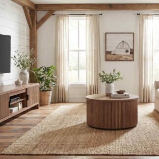 FATORRI TV Stand with Storage and Round Coffee Table for Living Room Bedroom (Walnut)