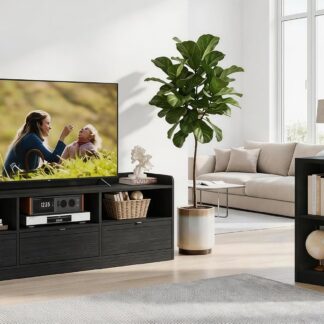 FATORRI Wood TV Stand with Drawers and 4 Cube Bookcase Set of 2, Bookshelf & Entertainment Center with Storage for Living Room, Bedroom, Black