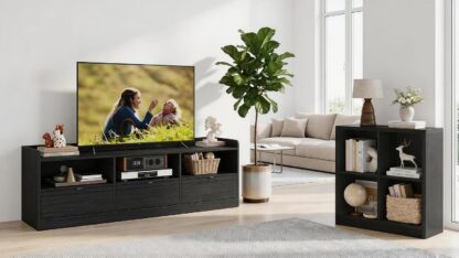 FATORRI Wood TV Stand with Drawers and 4 Cube Bookcase Set of 2, Bookshelf & Entertainment Center with Storage for Living Room, Bedroom, Black