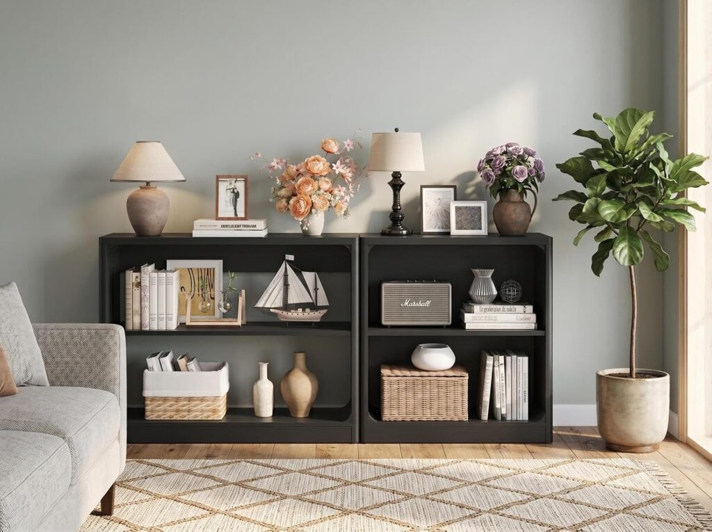 FATORRI Console Table & Bookcase Bundle with Rounded Edges, Black Bookshelf and Sofa Table for Living Room, Entryway