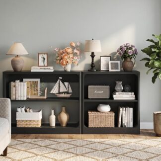 FATORRI Console Table & Bookcase Bundle with Rounded Edges, Black Bookshelf and Sofa Table for Living Room, Entryway