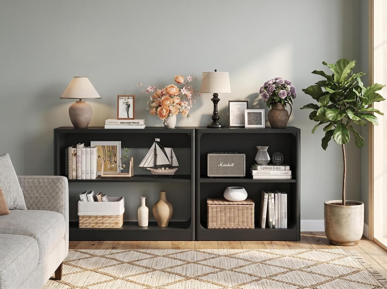 FATORRI Console Table & Bookcase Bundle with Rounded Edges, Black Bookshelf and Sofa Table for Living Room, Entryway