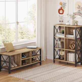 FATORRI 6 Cube Bookshelf and Shoe Storage Bench (Rustic Oak)