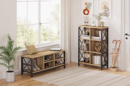 FATORRI 6 Cube Bookshelf and Shoe Storage Bench (Rustic Oak)