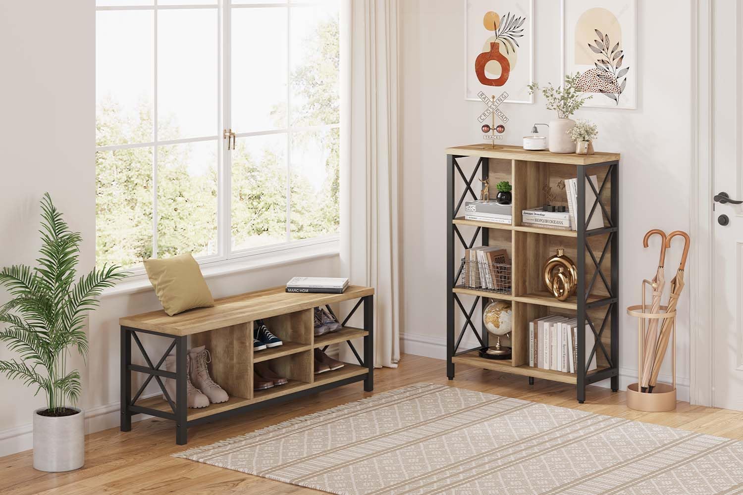 FATORRI 6 Cube Bookshelf and Shoe Storage Bench (Rustic Oak)