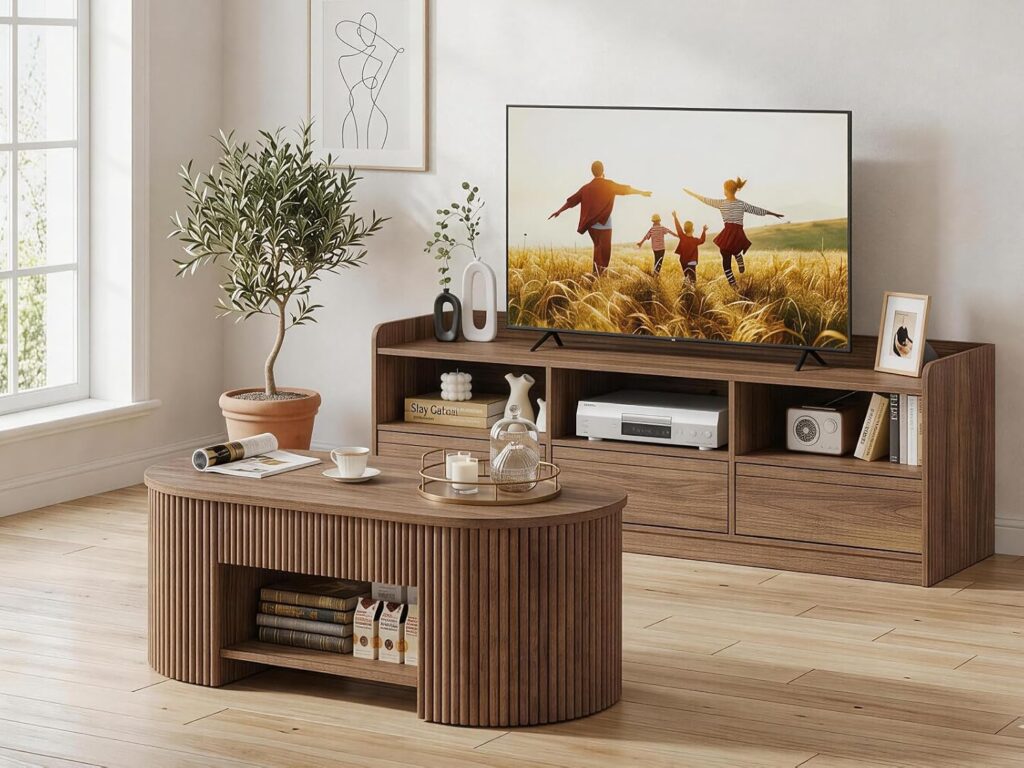 FATORRI Oval Fluted Coffee Table and TV Stand with Drawers Set of 2, Coffee Table with Open Bottom Shelf & Entertainment Center with Rounded Corners for Living Room, Walnut