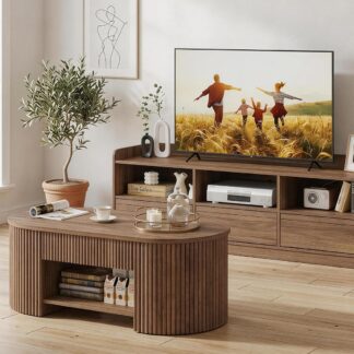 FATORRI Oval Fluted Coffee Table and TV Stand with Drawers Set of 2, Coffee Table with Open Bottom Shelf & Entertainment Center with Rounded Corners for Living Room, Walnut