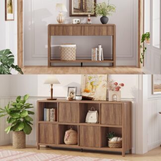 FATORRI Console Sofa Table with 2 Drawers and 8 Cube Bookshelf with 4 Doors for Living Room (Walnut)