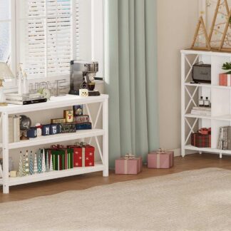 FATORRI Console Table and 6 Cube Storage Organizer (White Oak)