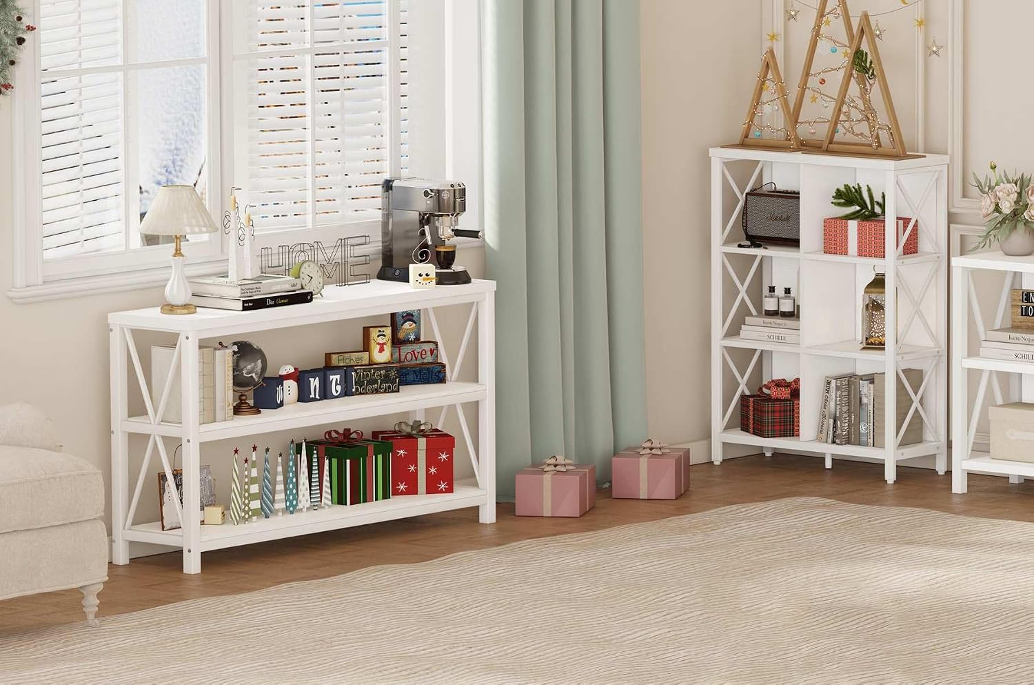 FATORRI Console Table and 6 Cube Storage Organizer (White Oak)