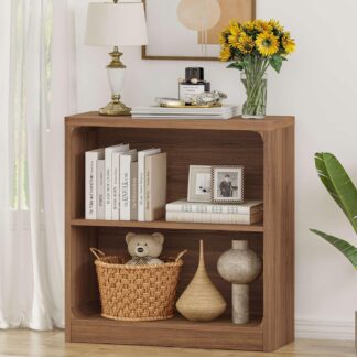 FATORRI Wooden Bookshelf, 2-Tier Compact Open Bookcase with Rounded Corners, Small Floor Standing Display Book Shelf for Living Room, Bedroom, Home Office, Kids' Room (Walnut)
