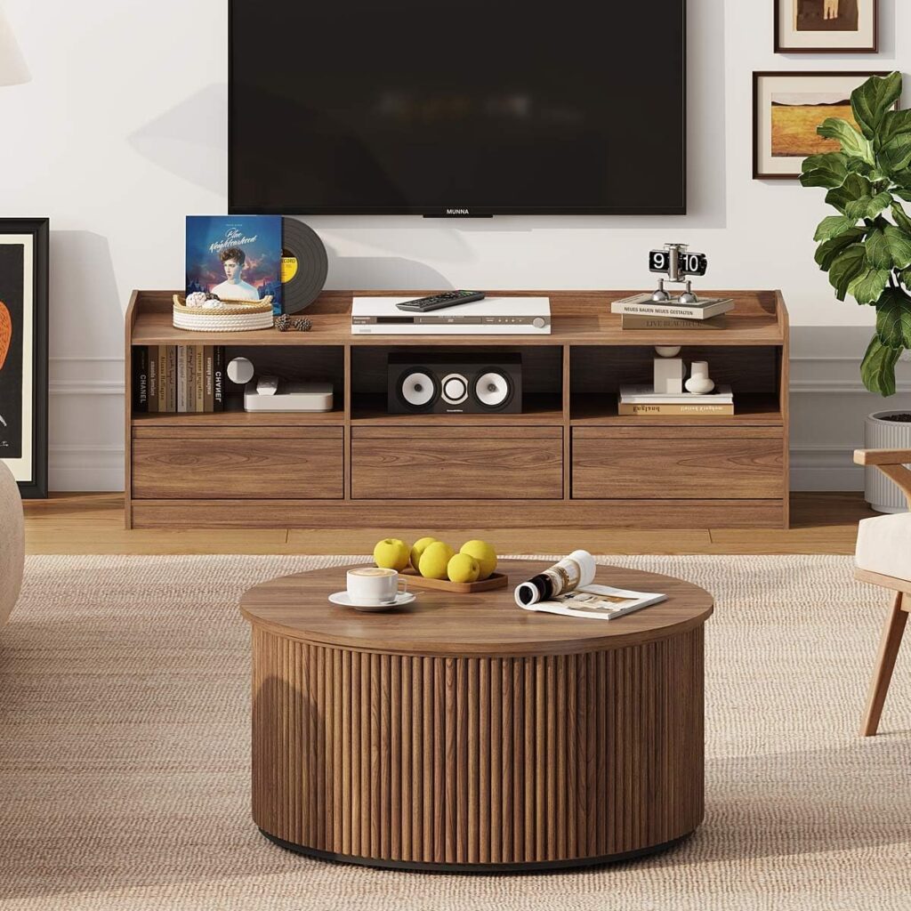 FATORRI Wood TV Stand and Round Coffee Table, Entertainment Center Table & Living Room Table with Storage for Bedroom, Farmhouse Walnut