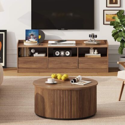 FATORRI Wood TV Stand and Round Coffee Table, Entertainment Center Table & Living Room Table with Storage for Bedroom, Farmhouse Walnut