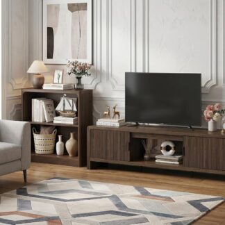 FATORRI Fluted TV Stand and 3-Tier Bookshelf Set of 2, Media Console with Storage & 3-Shelf Open Bookcase for Living Room, Dark Walnut