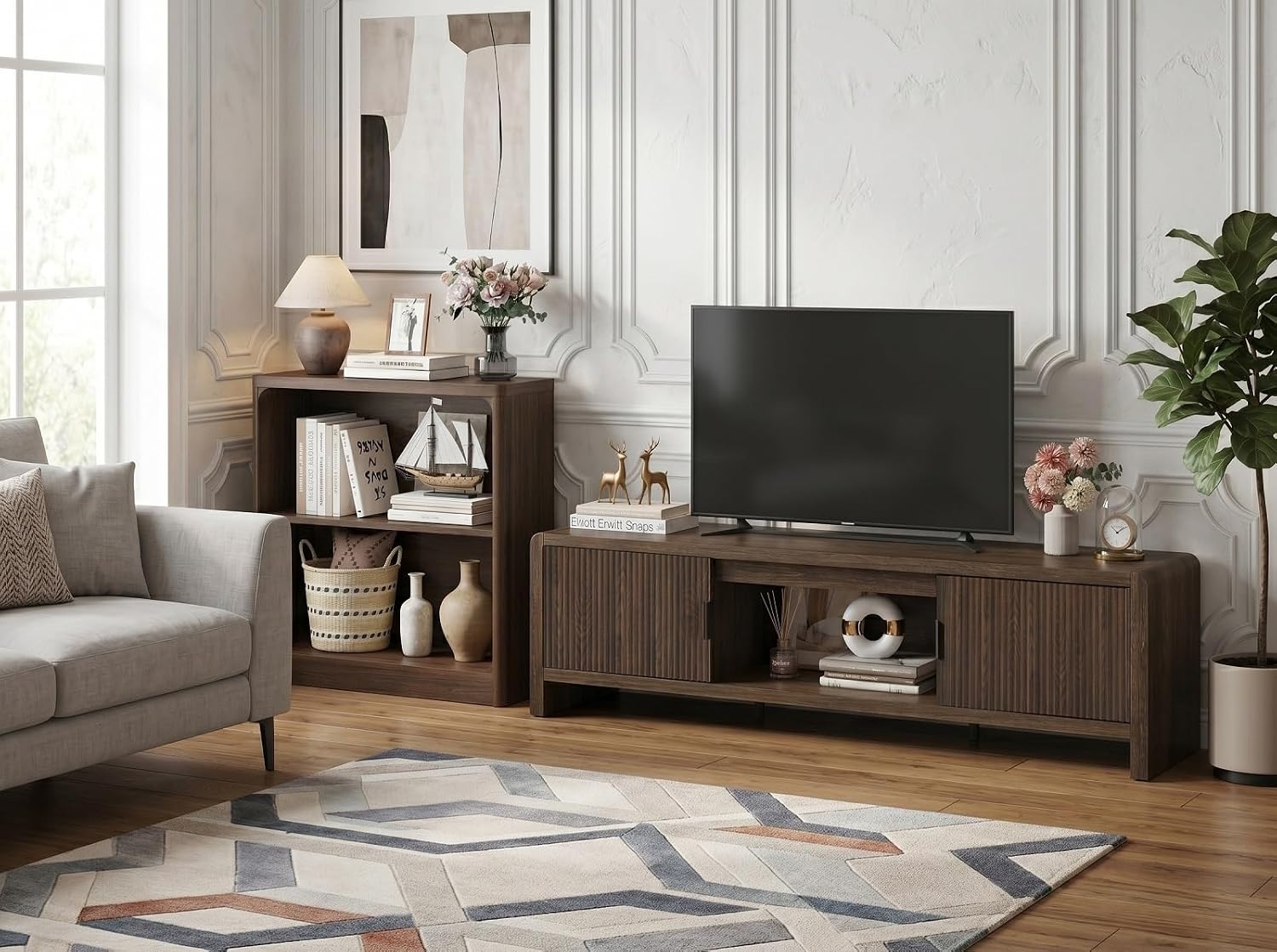 FATORRI Fluted TV Stand and 3-Tier Bookshelf Set of 2, Media Console with Storage & 3-Shelf Open Bookcase for Living Room, Dark Walnut