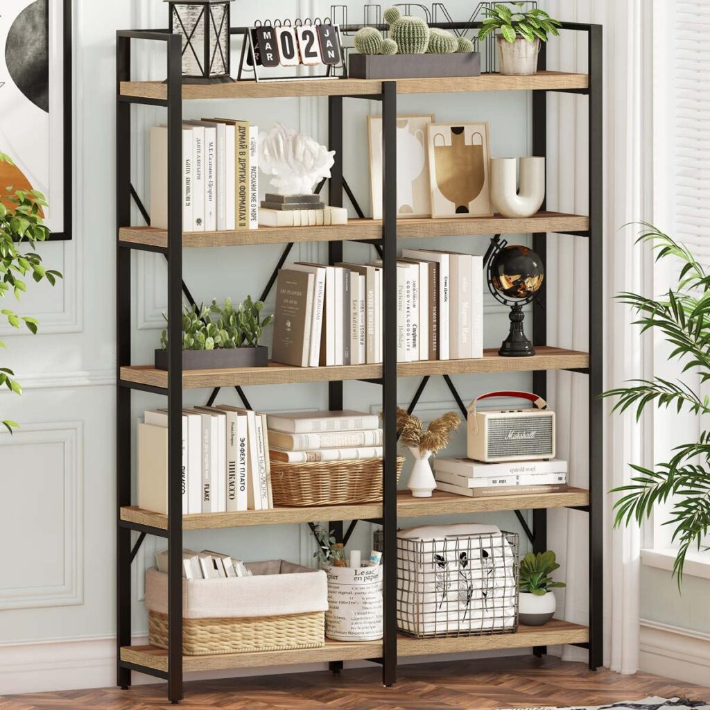 FATORRI Bookshelf, 5 Tier Industrial, 51 Inch Wide 69 Inch Tall Etagere Bookcase, Rustic Wood and Metal Book Shelf with Large Open Shelving Unit for Home Office Living Room (Rustic Oak)