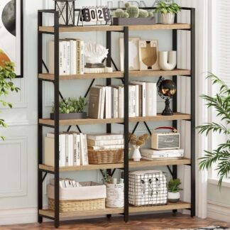 FATORRI Bookshelf, 5 Tier Industrial, 51 Inch Wide 69 Inch Tall Etagere Bookcase, Rustic Wood and Metal Book Shelf with Large Open Shelving Unit for Home Office Living Room (Rustic Oak)