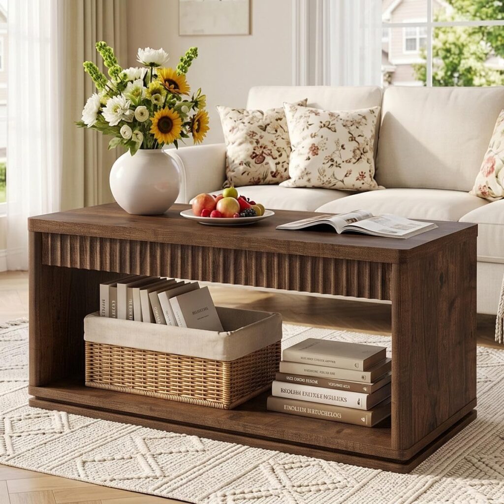 FATORRI Coffee Table with Storage Shelf, 2-Tier Wood Coffee Tables, Farmhouse Rectangular Living Room Center Table with Fluted Panel (Rustic Brown)