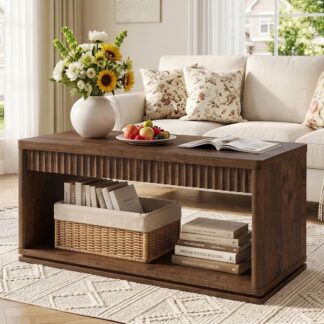 FATORRI Coffee Table with Storage Shelf, 2-Tier Wood Coffee Tables, Farmhouse Rectangular Living Room Center Table with Fluted Panel (Rustic Brown)