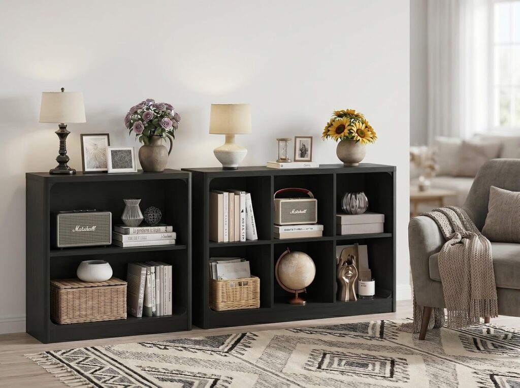 FATORRI 6-Cube Storage Organizer and 3-Tier Bookshelf Set of 2, Open Shelf Bookcase and Cube Bookcase with Rounded Corners for Living Room Bedroom Office, Black