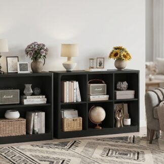 FATORRI 6-Cube Storage Organizer and 3-Tier Bookshelf Set of 2, Open Shelf Bookcase and Cube Bookcase with Rounded Corners for Living Room Bedroom Office, Black
