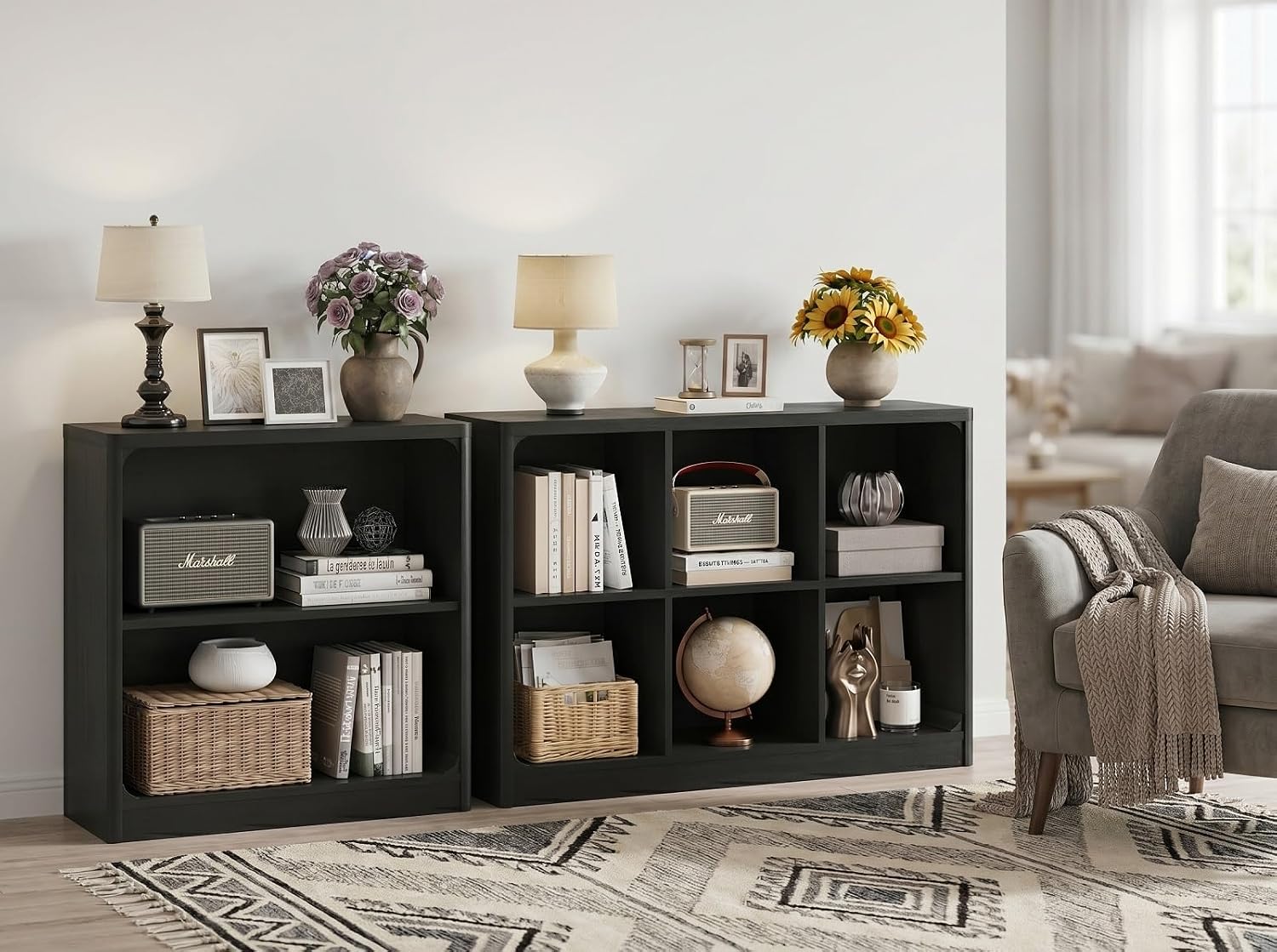 FATORRI 6-Cube Storage Organizer and 3-Tier Bookshelf Set of 2, Open Shelf Bookcase and Cube Bookcase with Rounded Corners for Living Room Bedroom Office, Black
