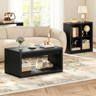 FATORRI Fluted Coffee Table with Storage Shelf & 4-Cube Bookcase, Modern Farmhouse Wood Coffee Table and Storage Organizer for Living Room, Home Office (Black)
