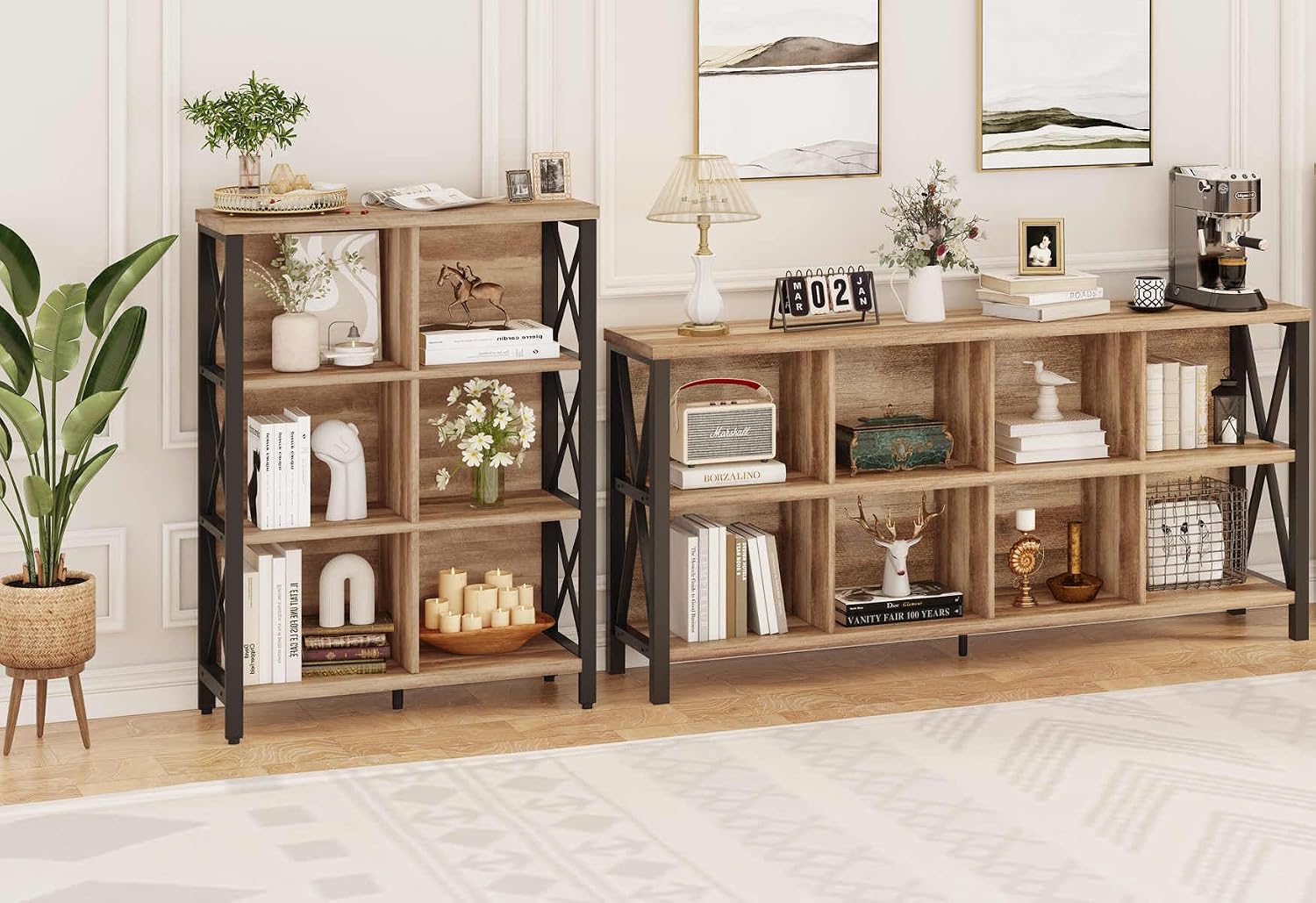 FATORRI 8 Cube Storage Organizer Bookshelf and 6 Cube Storage Organizer (Rustic Oak)