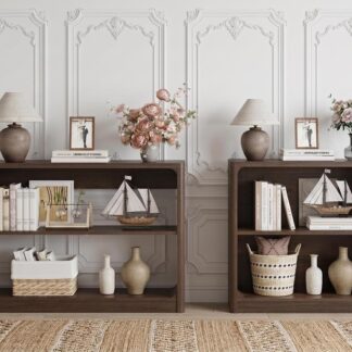 FATORRI Console Table & Bookcase Bundle with Rounded Edges, Dark Walnut Bookshelf and Sofa Table for Living Room, Entryway