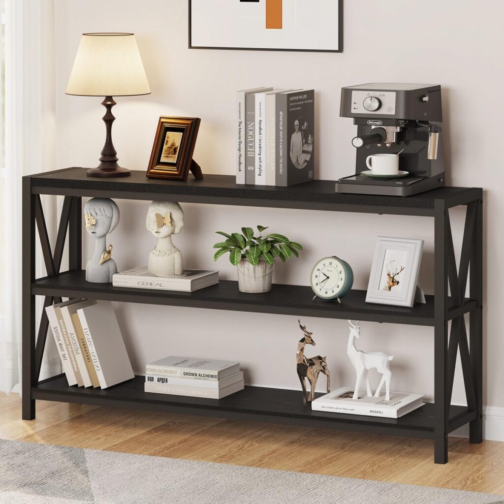 FATORRI Console Table for Entryway, 55 Inch Long Sofa Table with Shelves Under Window, Wood and Metal Hallway Tables for Foyer, Black