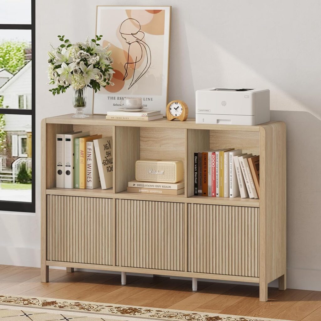 FATORRI 6 Cube Horizontal Bookshelf with 3 Doors, Modern Wood Book Shelf with Storage, Low Cubby Bookcase for Home Office (Light Walnut)