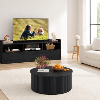FATORRI Wood TV Stand and Round Coffee Table, Entertainment Center Table & Living Room Table with Storage for Bedroom, Black