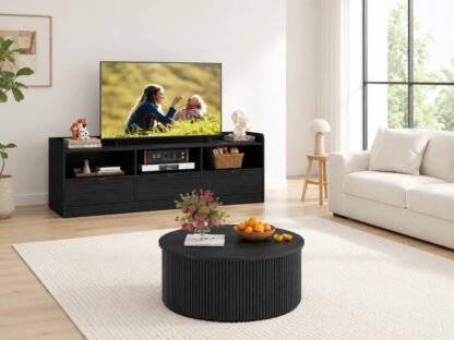 FATORRI Wood TV Stand and Round Coffee Table, Entertainment Center Table & Living Room Table with Storage for Bedroom, Black
