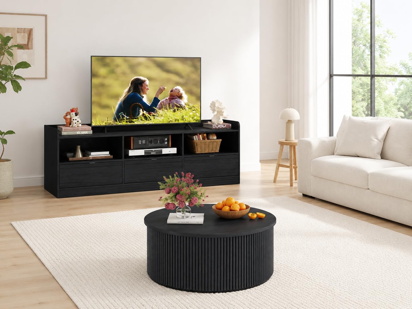 FATORRI Wood TV Stand and Round Coffee Table, Entertainment Center Table & Living Room Table with Storage for Bedroom, Black