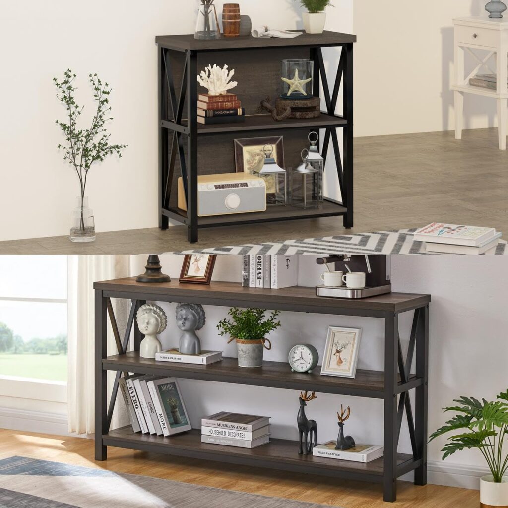 FATORRI Industrial Sofa Table and Small Bookcase for Entryway (Walnut Brown)