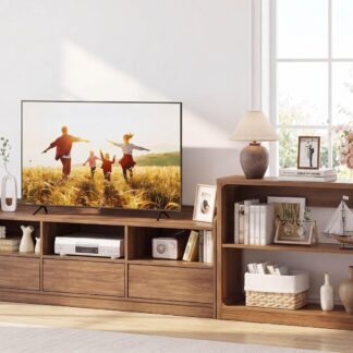 FATORRI Wood Console Table and TV Stand with Drawers Set of 2, Sofa Table with Open Shelves & Entertainment Center with Rounded Corners for Living Room, Walnut