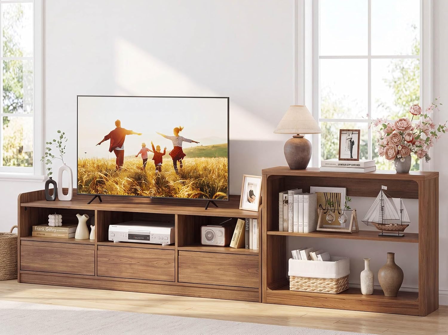 FATORRI Wood Console Table and TV Stand with Drawers Set of 2, Sofa Table with Open Shelves & Entertainment Center with Rounded Corners for Living Room, Walnut