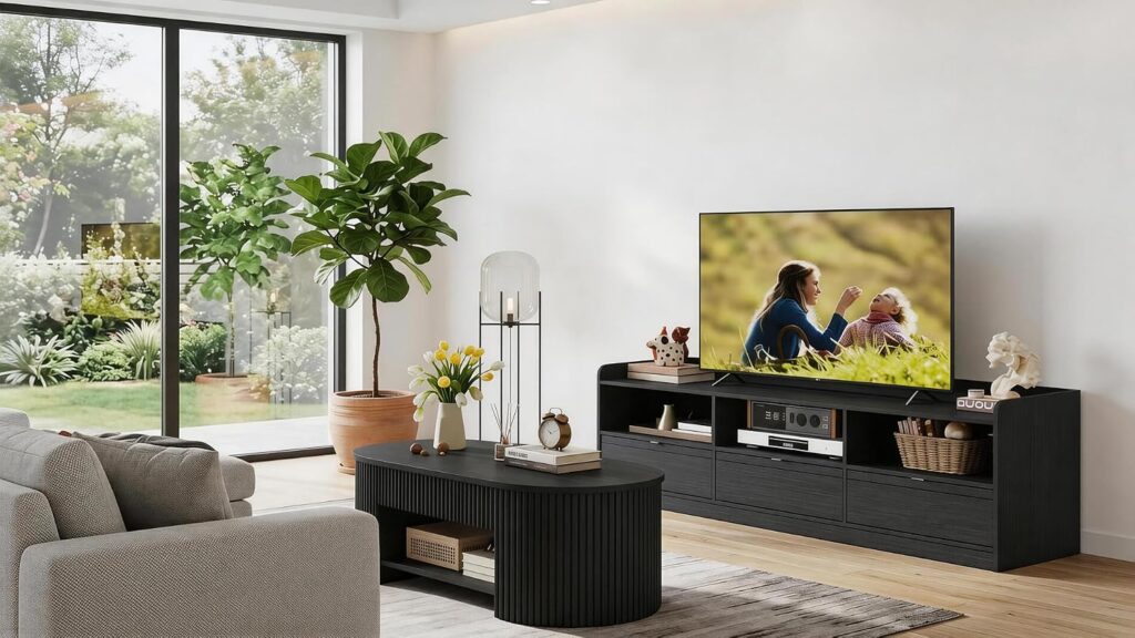 FATORRI Oval Fluted Coffee Table and TV Stand with Drawers Set of 2, Coffee Table with Open Bottom Shelf & Entertainment Center with Rounded Corners for Living Room, Black