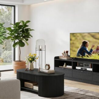 FATORRI Oval Fluted Coffee Table and TV Stand with Drawers Set of 2, Coffee Table with Open Bottom Shelf & Entertainment Center with Rounded Corners for Living Room, Black