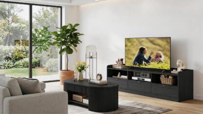 FATORRI Oval Fluted Coffee Table and TV Stand with Drawers Set of 2, Coffee Table with Open Bottom Shelf & Entertainment Center with Rounded Corners for Living Room, Black