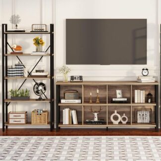 FATORRI 8 Cube Storage Organizer and 5 Tier Bookshelf (Rusitc Oak)