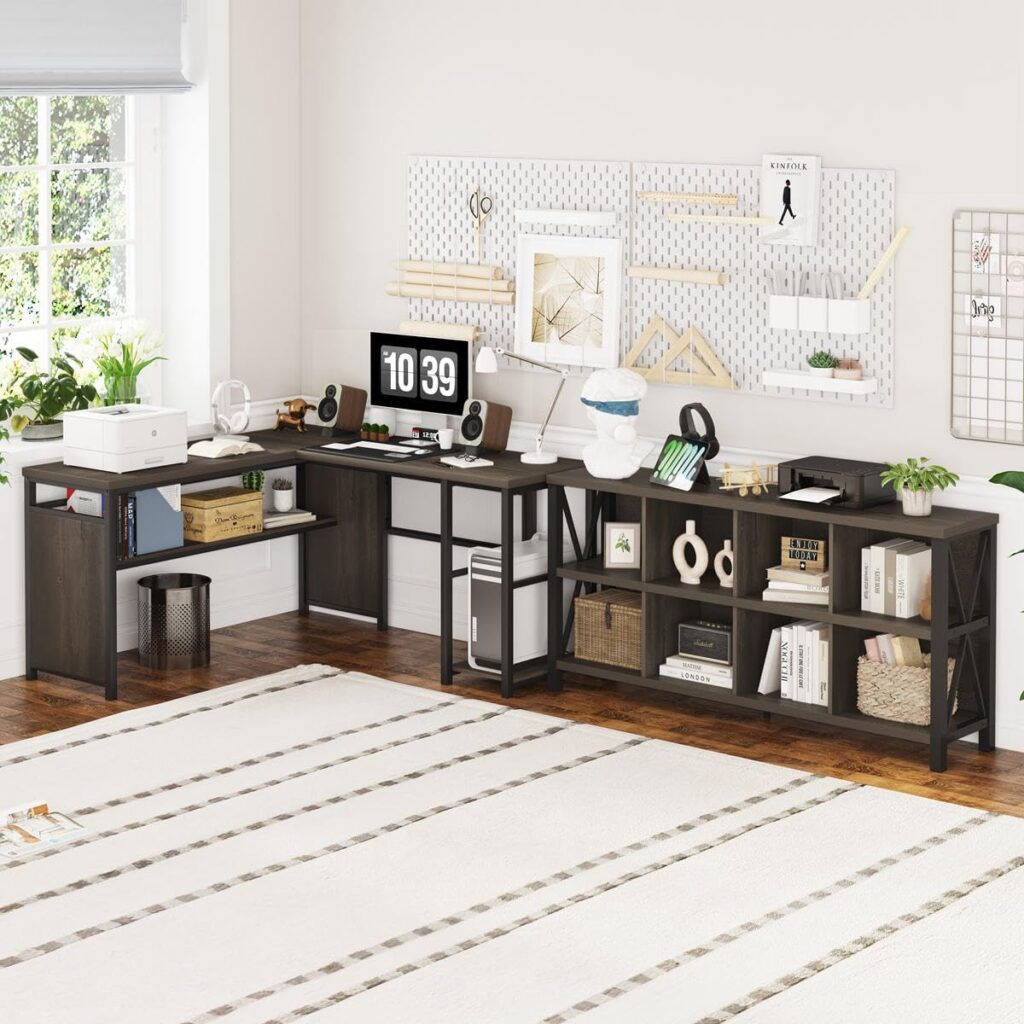 FATORRI L Shaped Computer Desk and 8 Cube Storage Organizer Shelf (Walnut Brown)