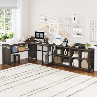 FATORRI L Shaped Computer Desk and 8 Cube Storage Organizer Shelf (Walnut Brown)