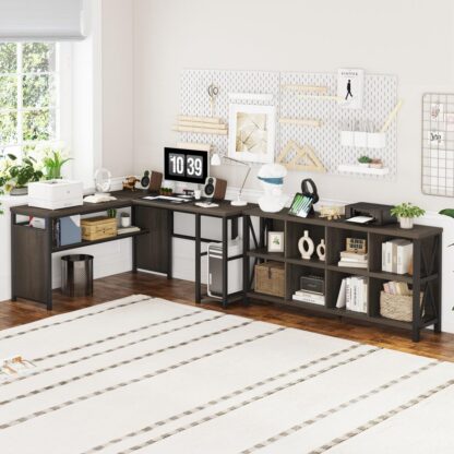 FATORRI L Shaped Computer Desk and 8 Cube Storage Organizer Shelf (Walnut Brown)